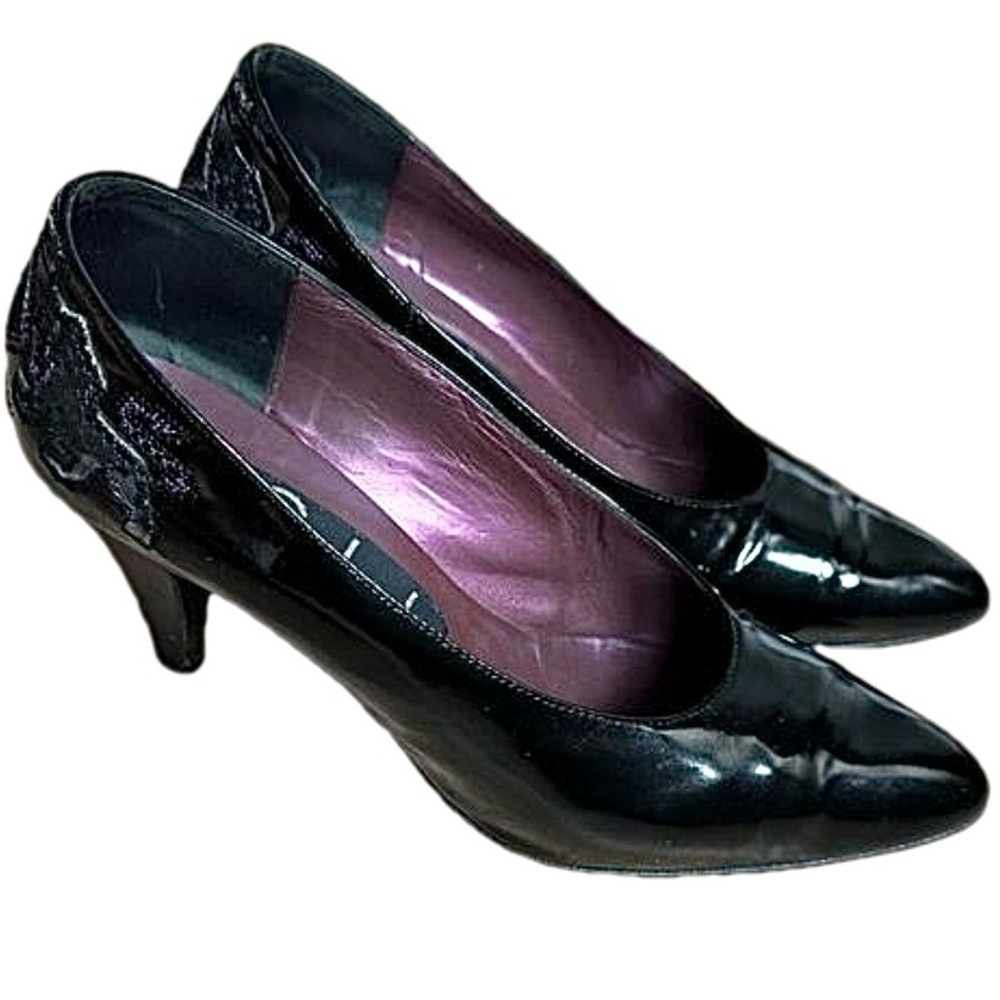 Vintage 80's Faire Lady Black Patent Leather Aztec Cross Stitch - Size 37